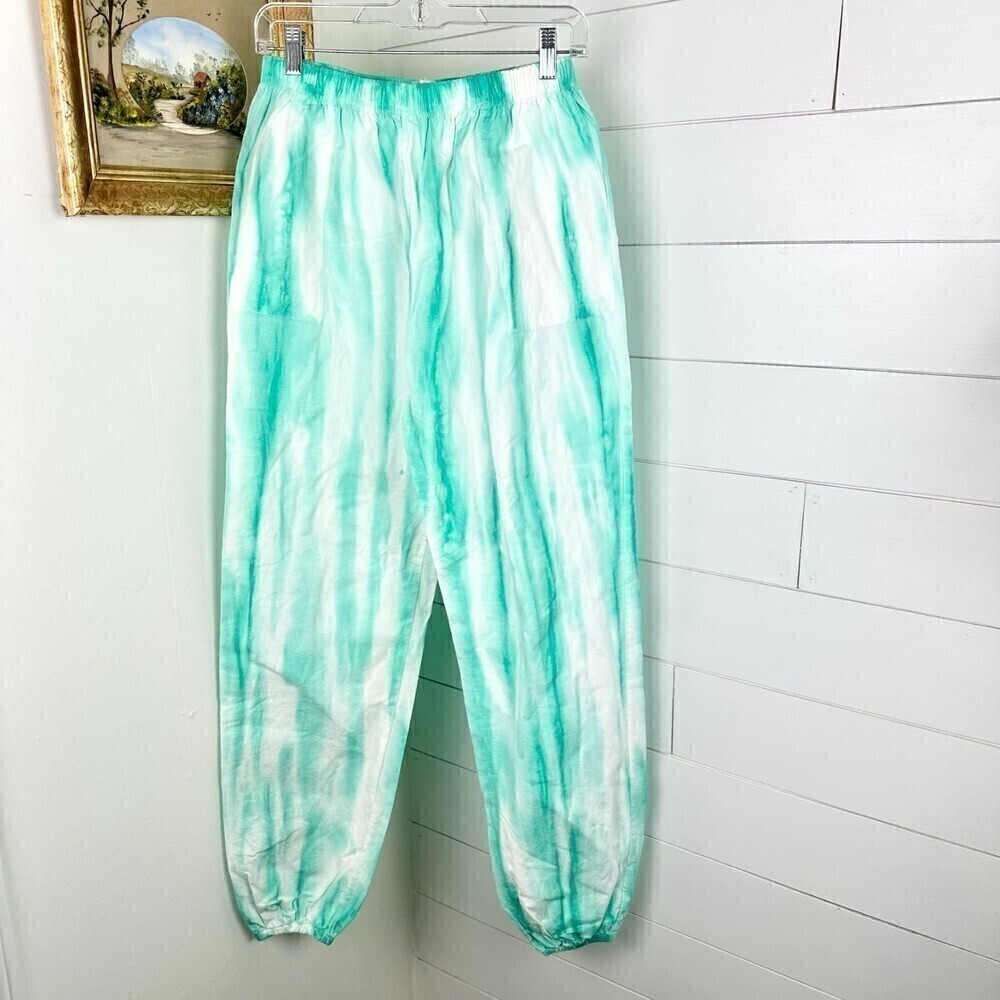 Quitman USA Vintage 80s Tie Dye Jogger Pants Drawstring Aqua White Size Medium